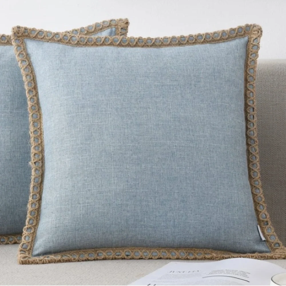 Blue LINEN Pillow Covers with Tan BURLAP Trim SQUARE 18x18” (2-Pack)